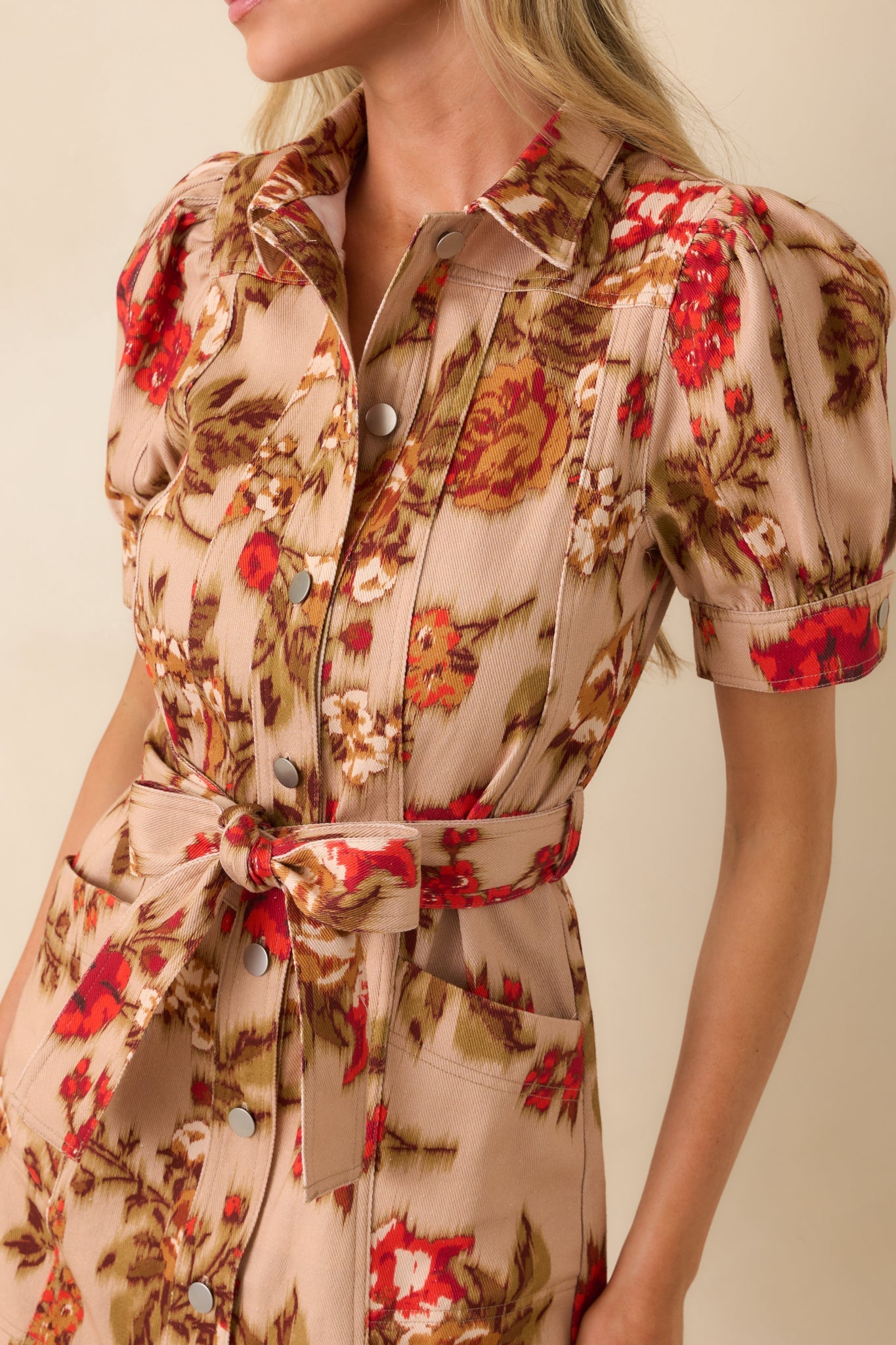 Little By Little Tan Multi Floral Print Cotton Denim Mini Dress