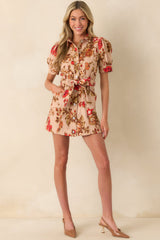 Little By Little Tan Multi Floral Print Cotton Denim Mini Dress