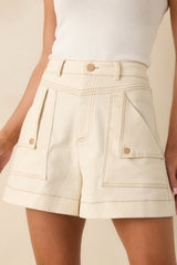 Figuring It Out Ecru Beige Cotton Denim Utility Shorts