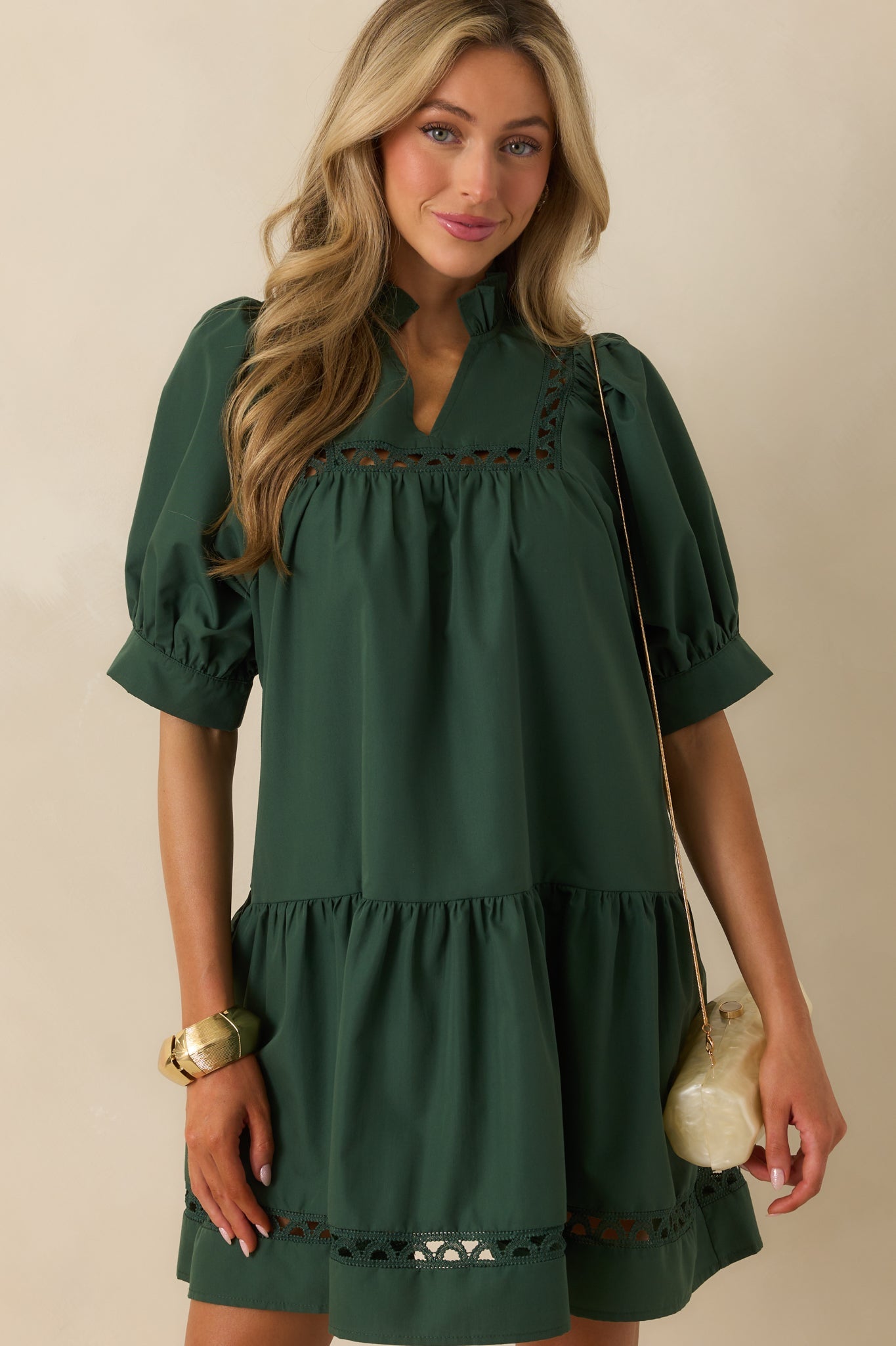 Feels Just Right Hunter Green Puff Sleeve Embroidered Eyelet Mini Dress