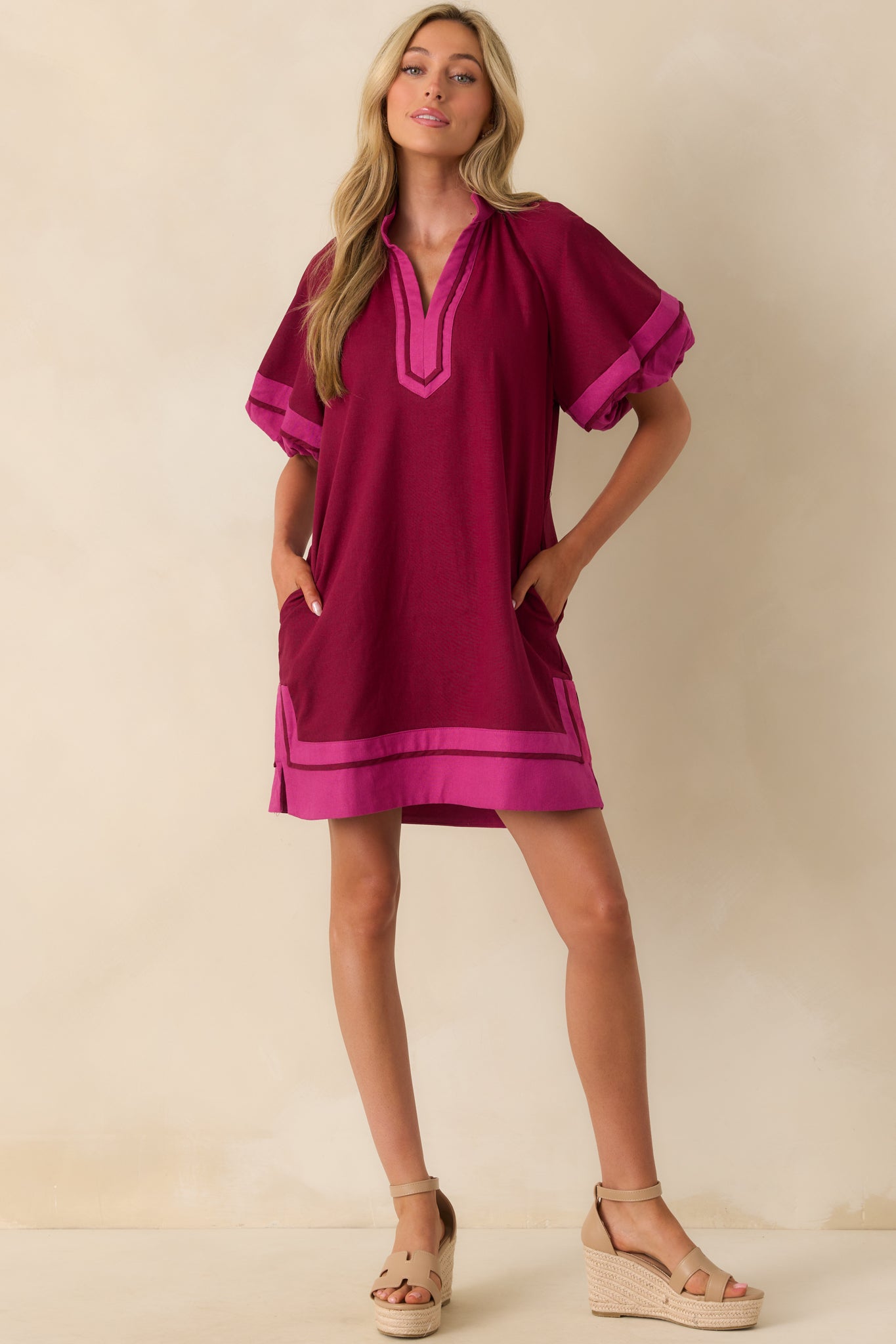 Made It Work Berry Linen Blend Short Sleeve Mini Dress