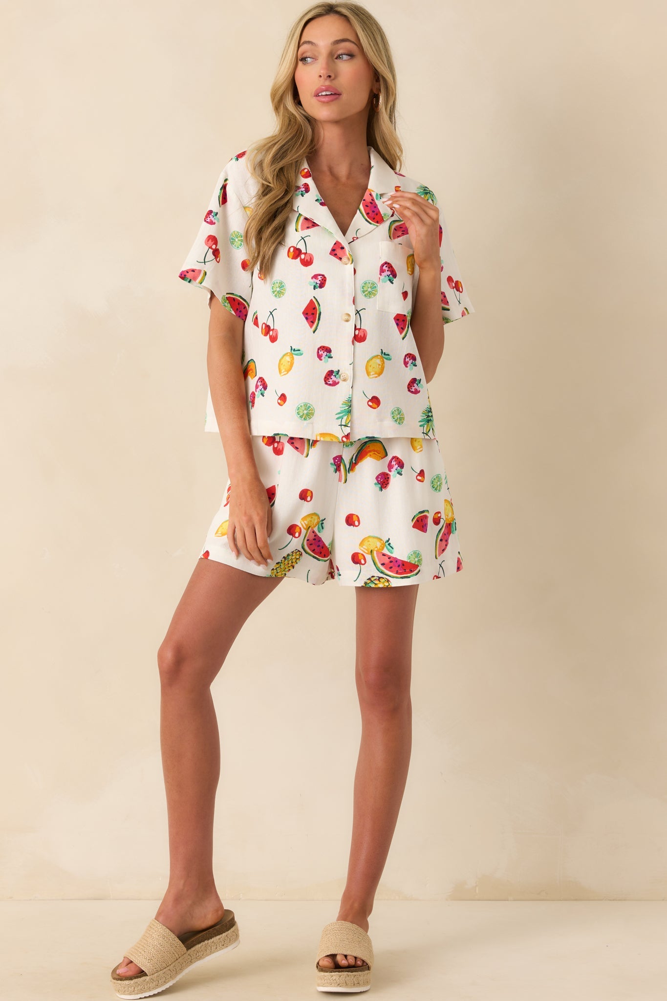Just Like Before Ivory Multi Fruit Print Button Front Top