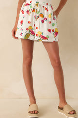 It's All Good Ivory Multi Fruit Print High Waisted Drawstring Shorts