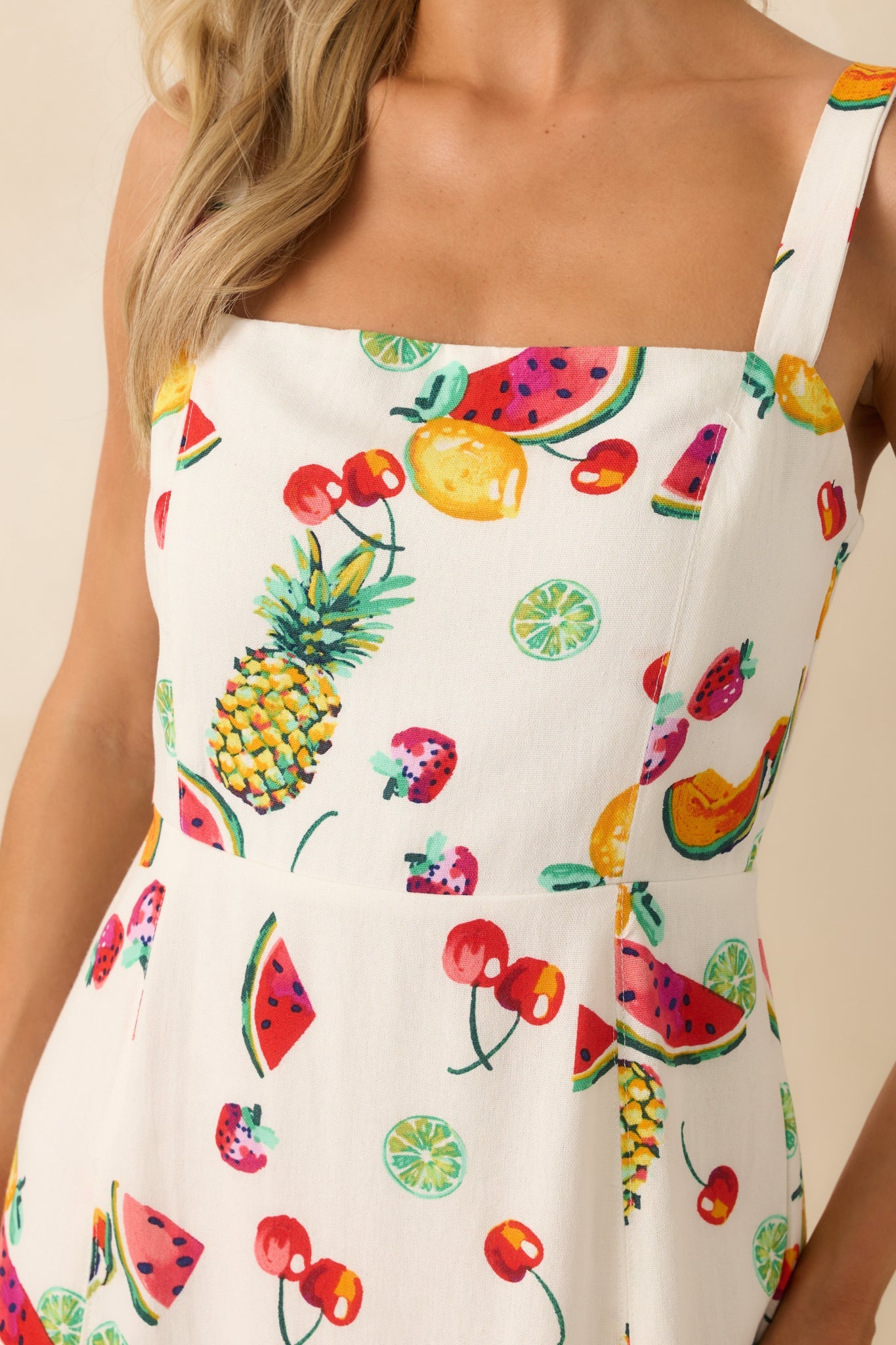 Slowly Making Changes Ivory Multi Fruit Print Maxi Dress