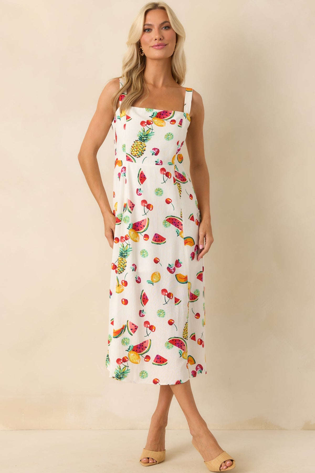 Slowly Making Changes Ivory Multi Fruit Print Maxi Dress