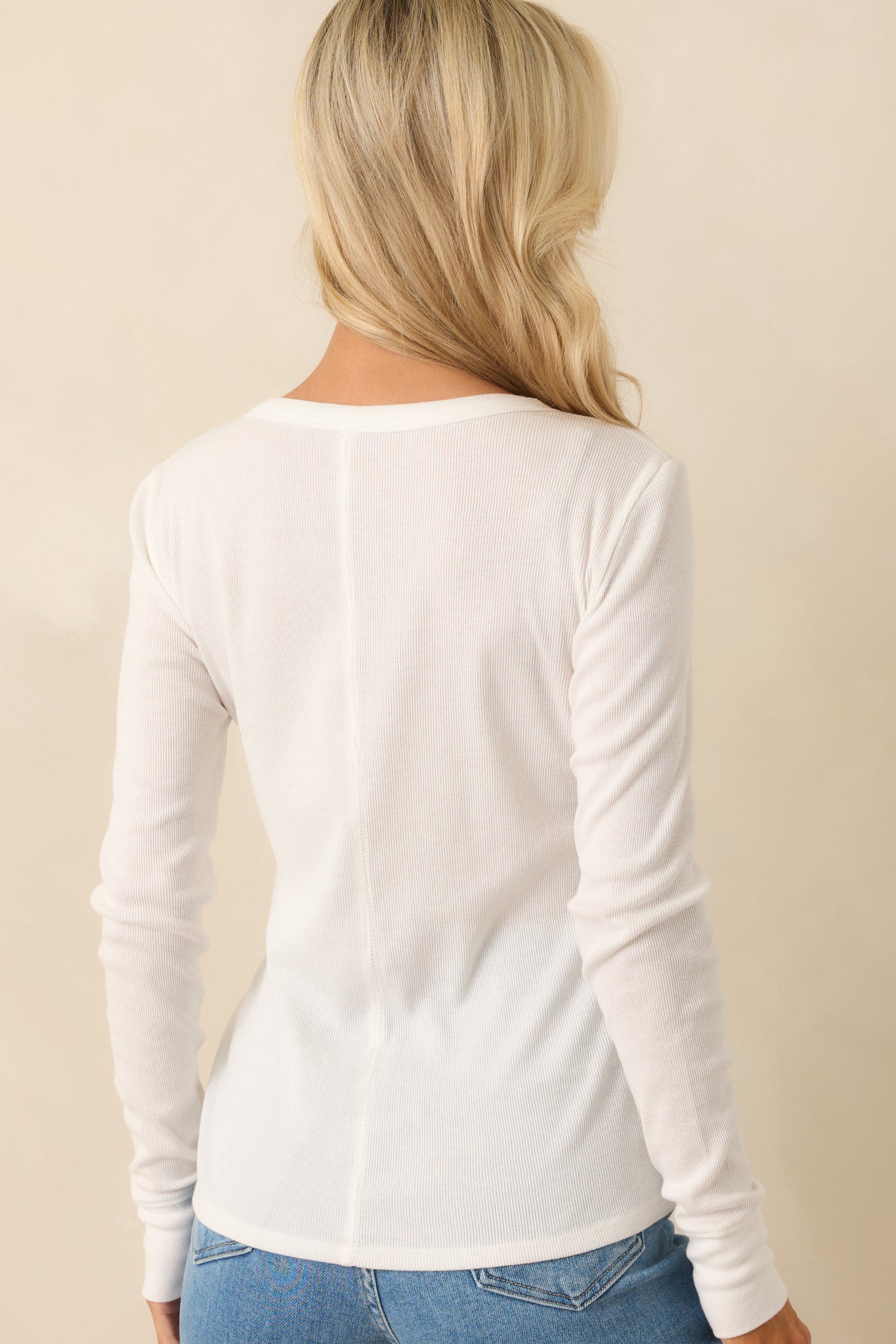 Everyday Envy Ivory Ribbed Cotton Long Sleeve Henley Tee