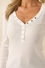 Everyday Envy Ivory Ribbed Cotton Long Sleeve Henley Tee