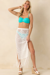 Lost In The Sunlight White Open Knit Fringe Cover Up Midi Skirt