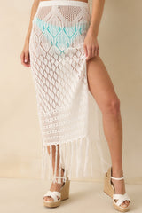 Lost In The Sunlight White Open Knit Fringe Cover Up Midi Skirt
