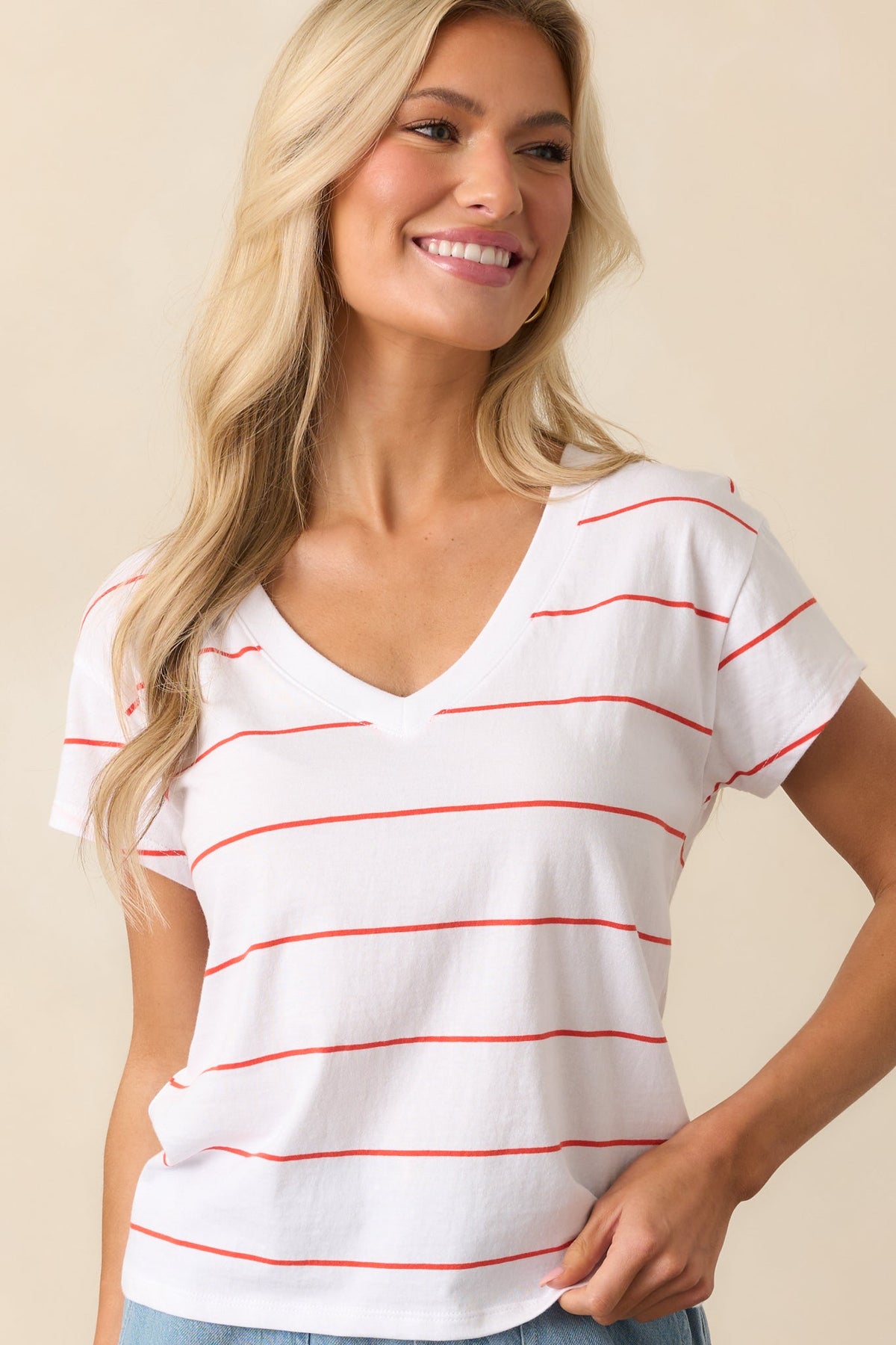 Z Supply Red Striped Cotton Modern V-Neck Tee
