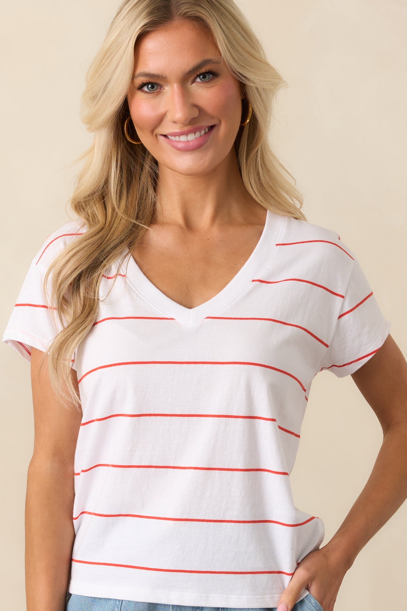 Z Supply Red Striped Cotton Modern V-Neck Tee
