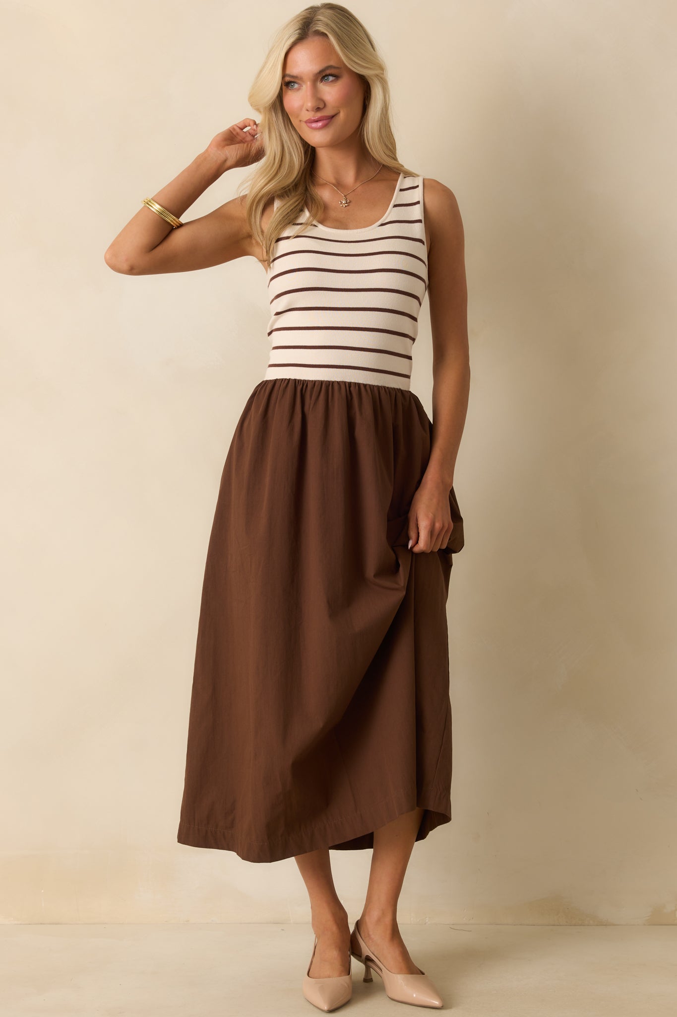 It's In The Books Brown Stripe Knit Bodice Maxi Dress