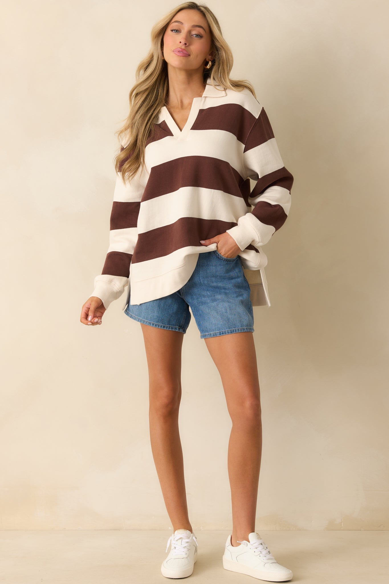 Z Supply Brown Stripe Cotton Rugby Brushed Fleece Henley